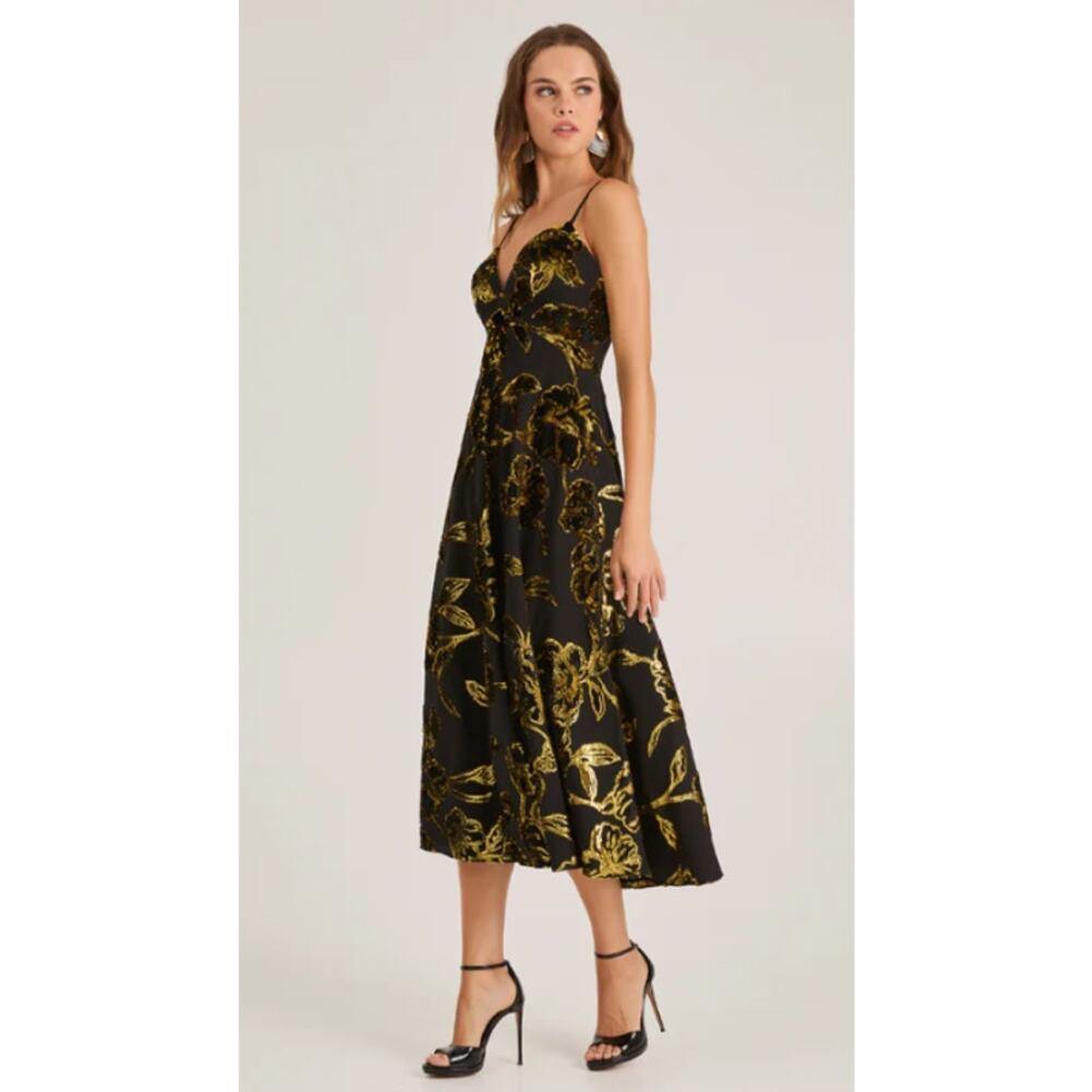 Helsi Edith Gold Black Floral Metallic Empire A-Line Maxi Dress Sz M NWT+Imperfe